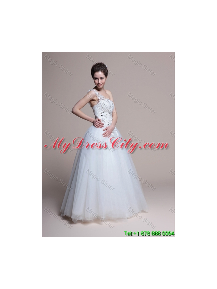 Affordable A Line One Shoulder Appliques Wedding Dresses in Tulle