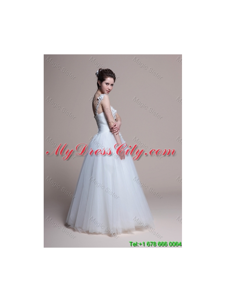 Affordable A Line One Shoulder Appliques Wedding Dresses in Tulle