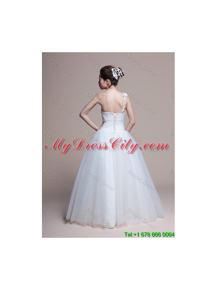 Affordable A Line One Shoulder Appliques Wedding Dresses in Tulle