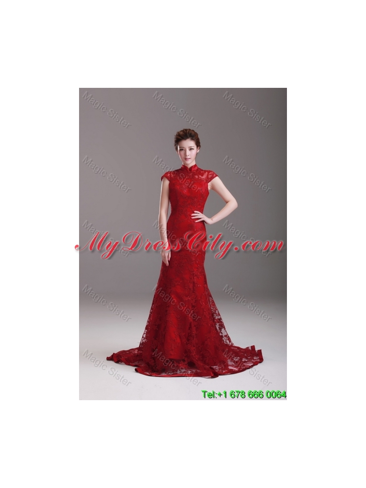 Exquisite Cap Sleeves Mermaid Wine Red Wedding Dresses with Brush Train