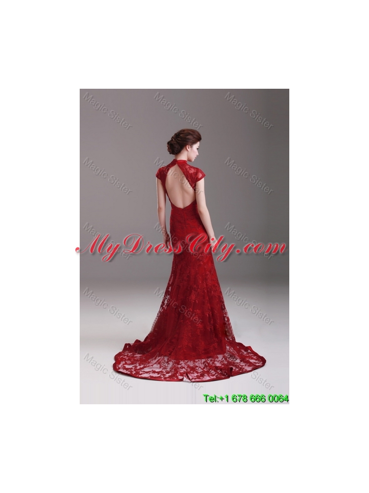 Exquisite Cap Sleeves Mermaid Wine Red Wedding Dresses with Brush Train