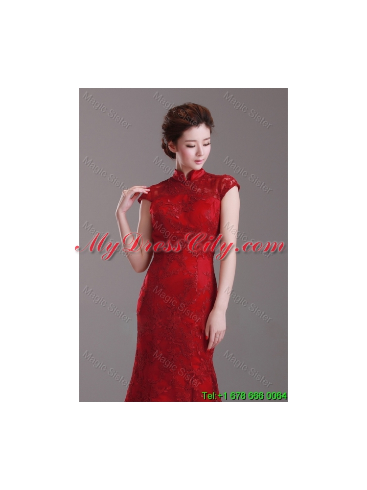 Exquisite Cap Sleeves Mermaid Wine Red Wedding Dresses with Brush Train