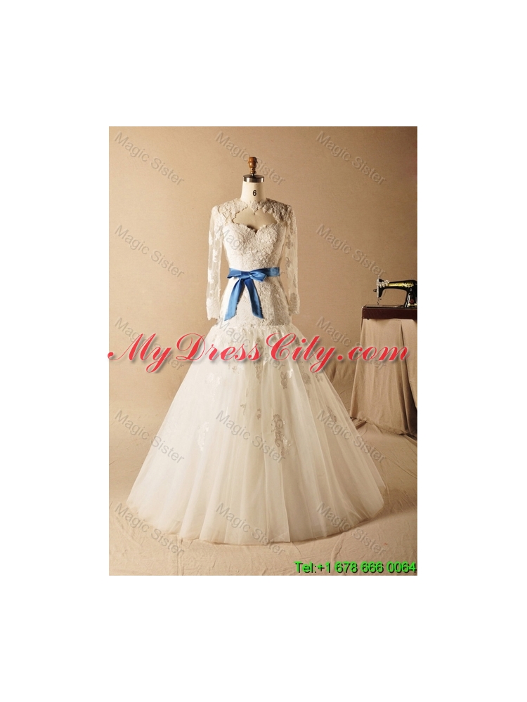 Custom Made A Line High Neck Appliques Wedding Dresses with Ribbons