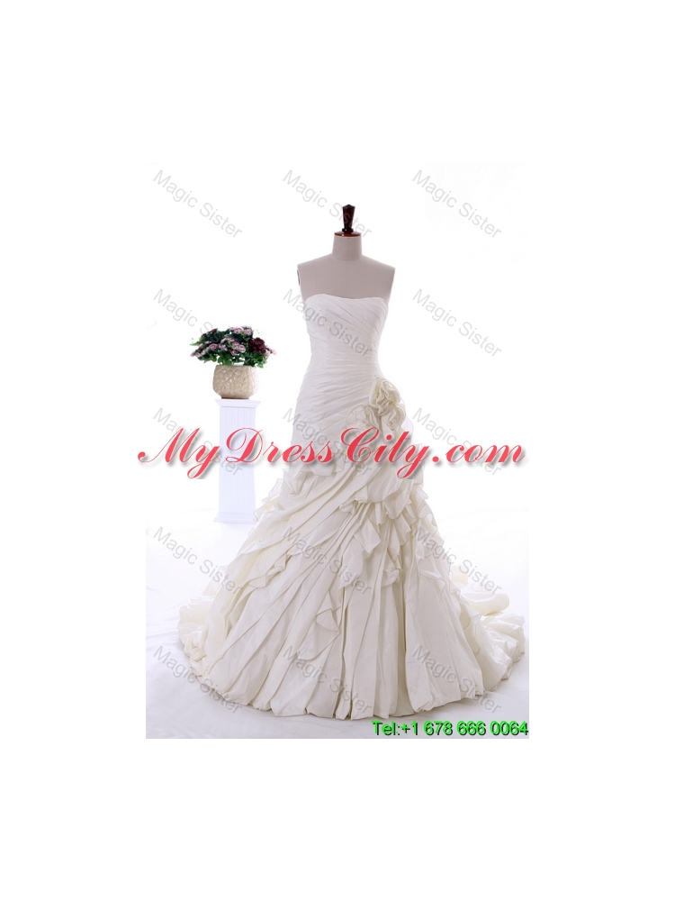 Exquisite Hand Made Flowers and Ruffles Wedding Dresses with Brush Train