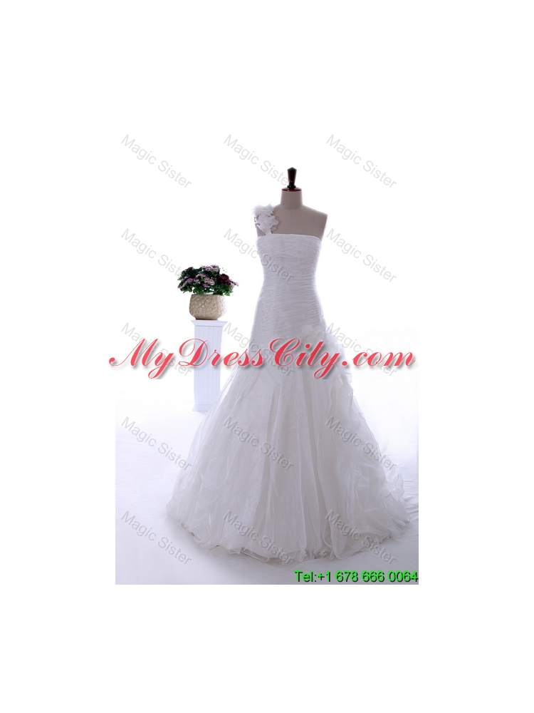 Gorgeous Hand Made Flowers and Ruffles Brush Train Wedding Dresses