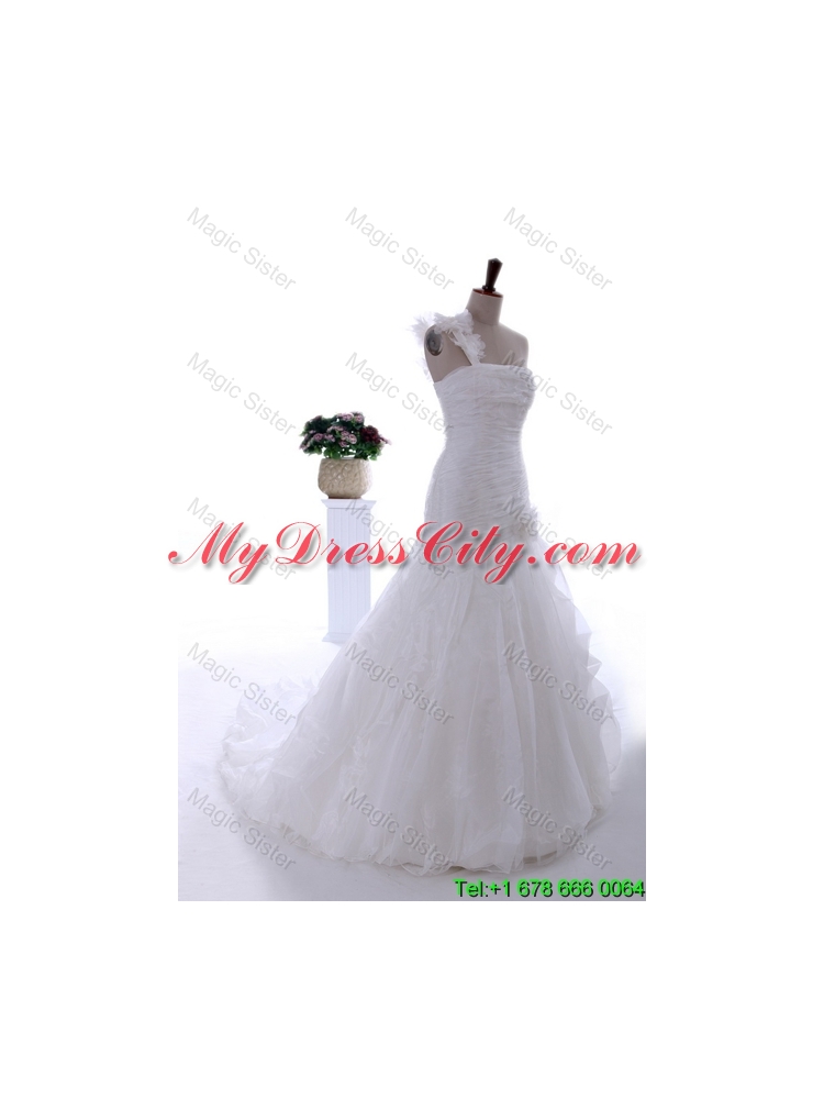 Gorgeous Hand Made Flowers and Ruffles Brush Train Wedding Dresses