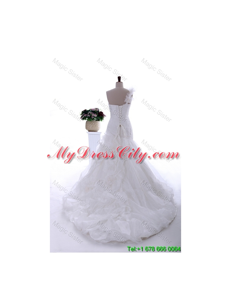 Gorgeous Hand Made Flowers and Ruffles Brush Train Wedding Dresses