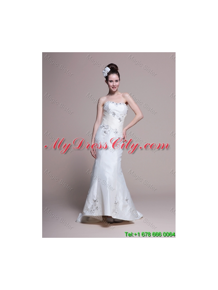 Mermaid Strapless Brush Train Romantic Wedding Dresses with Appliques