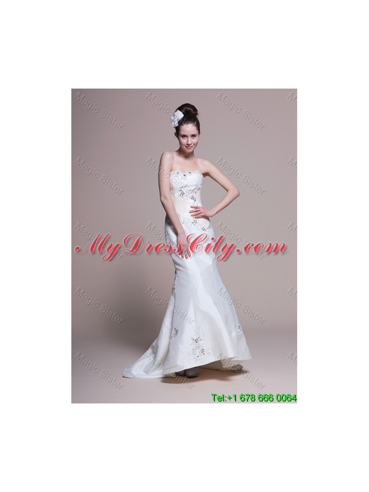 Mermaid Strapless Brush Train Romantic Wedding Dresses with Appliques