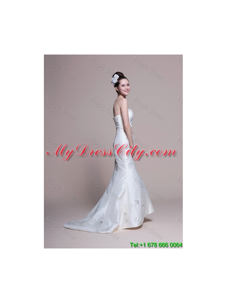 Mermaid Strapless Brush Train Romantic Wedding Dresses with Appliques