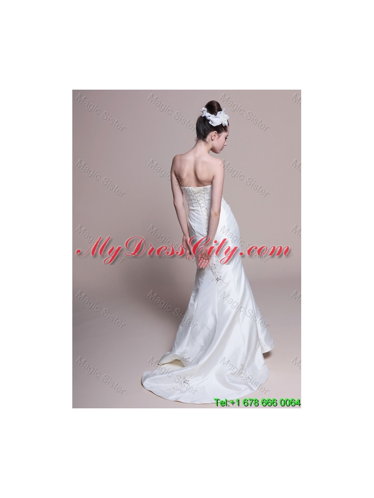 Mermaid Strapless Brush Train Romantic Wedding Dresses with Appliques