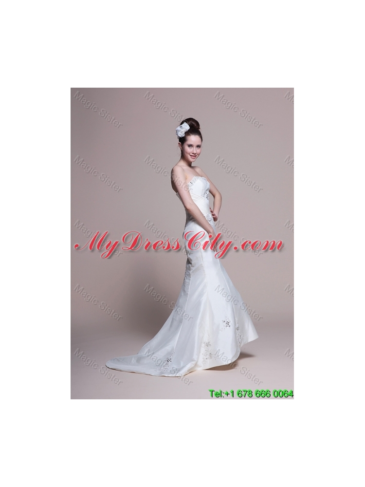 Mermaid Strapless Brush Train Romantic Wedding Dresses with Appliques