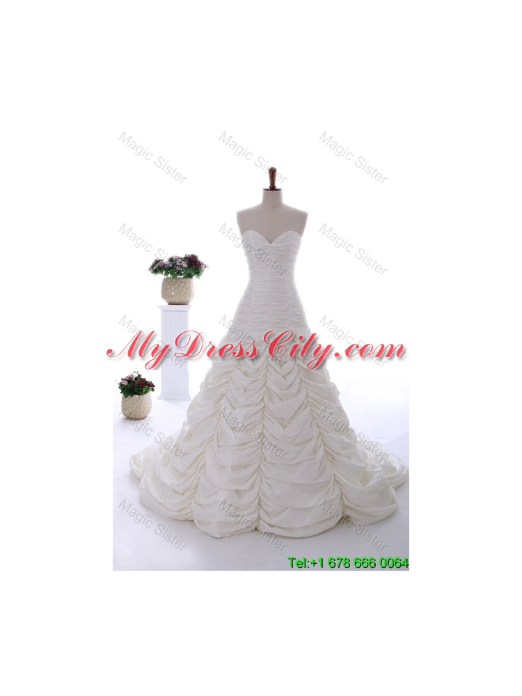 Perfect 2016 Brush Train Wedding Dress with Ruching and Pick Ups