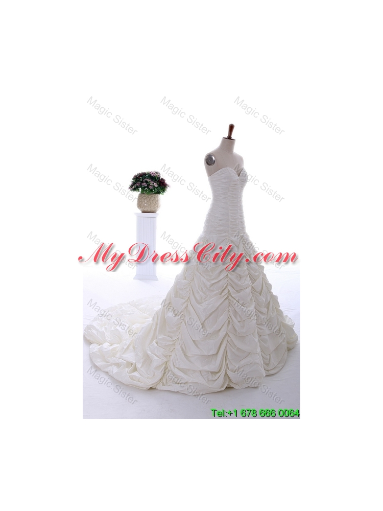 Perfect 2016 Brush Train Wedding Dress with Ruching and Pick Ups