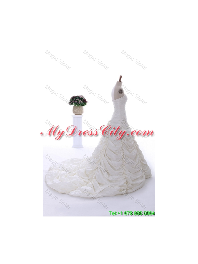 Perfect 2016 Brush Train Wedding Dress with Ruching and Pick Ups