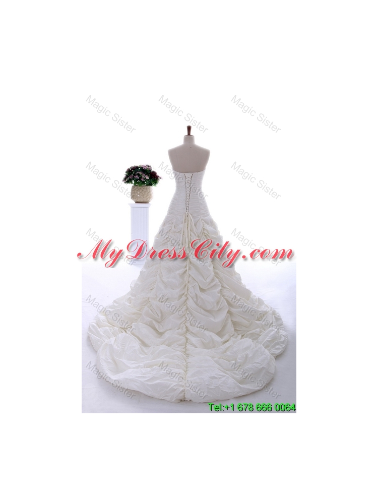 Perfect 2016 Brush Train Wedding Dress with Ruching and Pick Ups