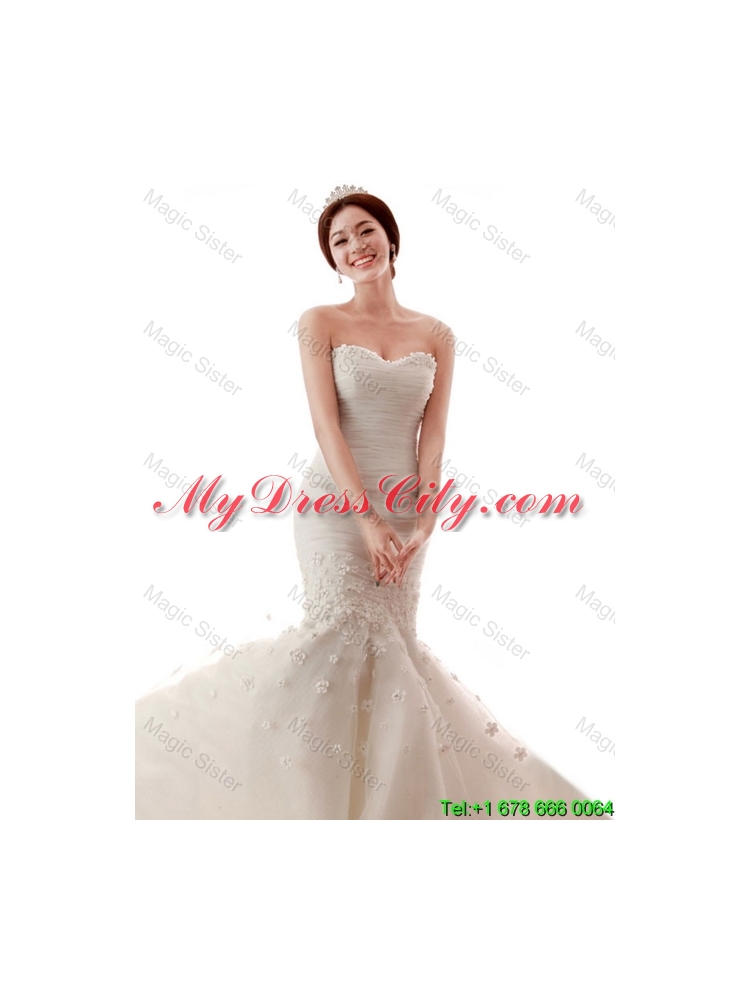 2016 Pretty Mermaid Hand Made Flowers Wedding Gowns with Court Train