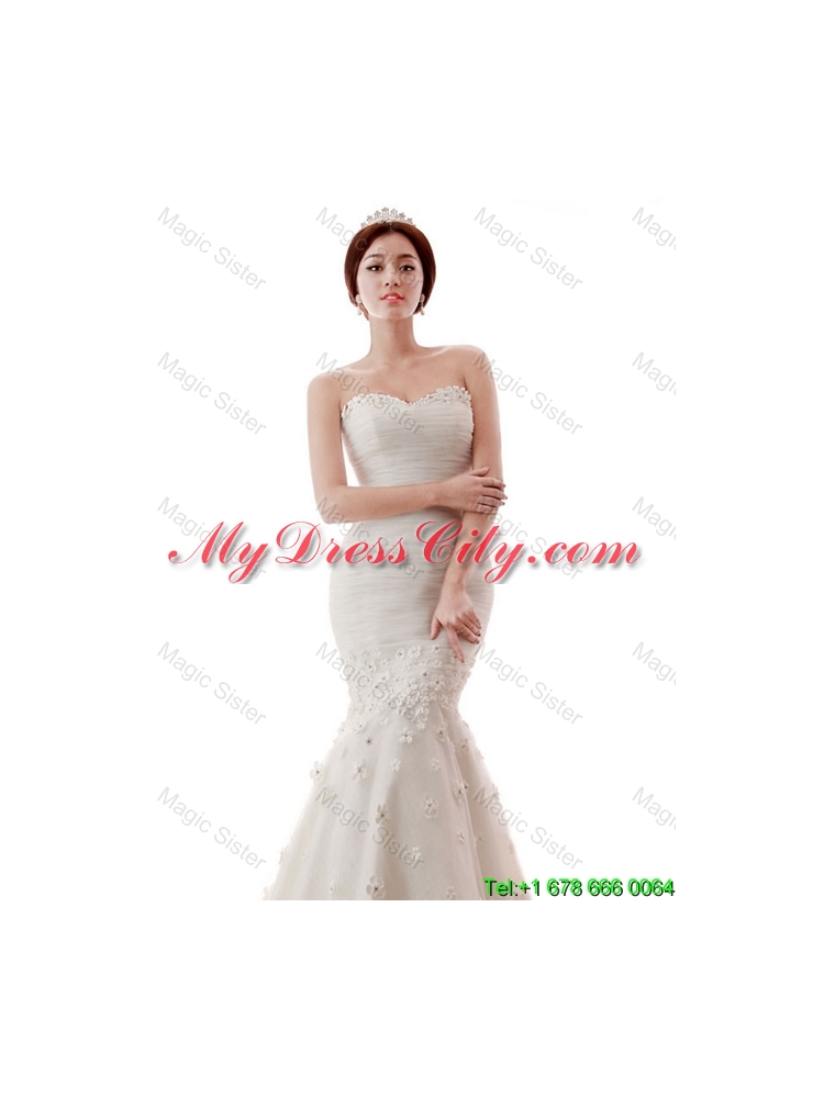 2016 Pretty Mermaid Hand Made Flowers Wedding Gowns with Court Train