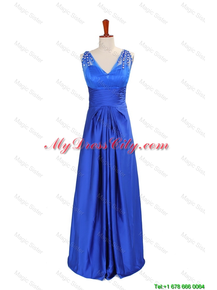 2016 Winter New Empire V Neck Blue Prom Dresses with Beading