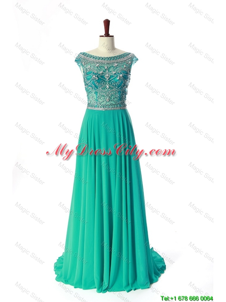 New Style Bateau Beading Brush Train Prom Dress in Turquoise