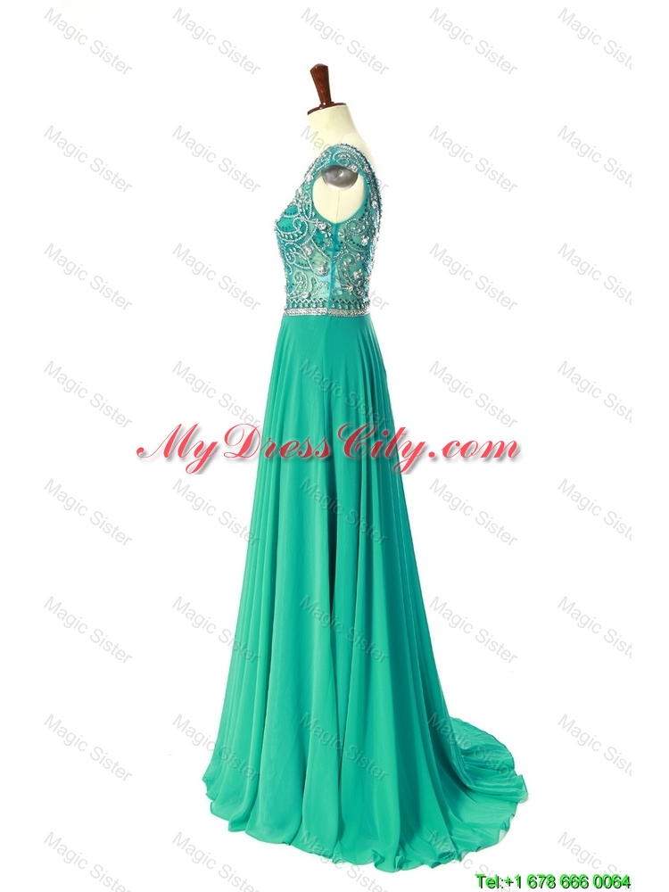 New Style Bateau Beading Brush Train Prom Dress in Turquoise