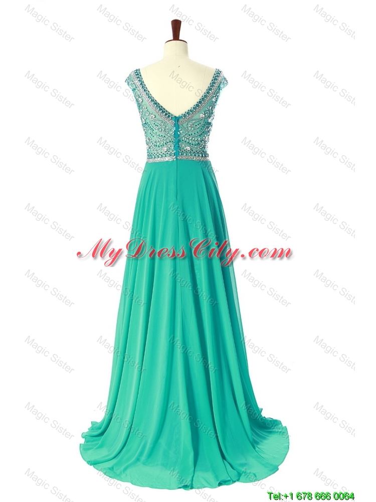 New Style Bateau Beading Brush Train Prom Dress in Turquoise