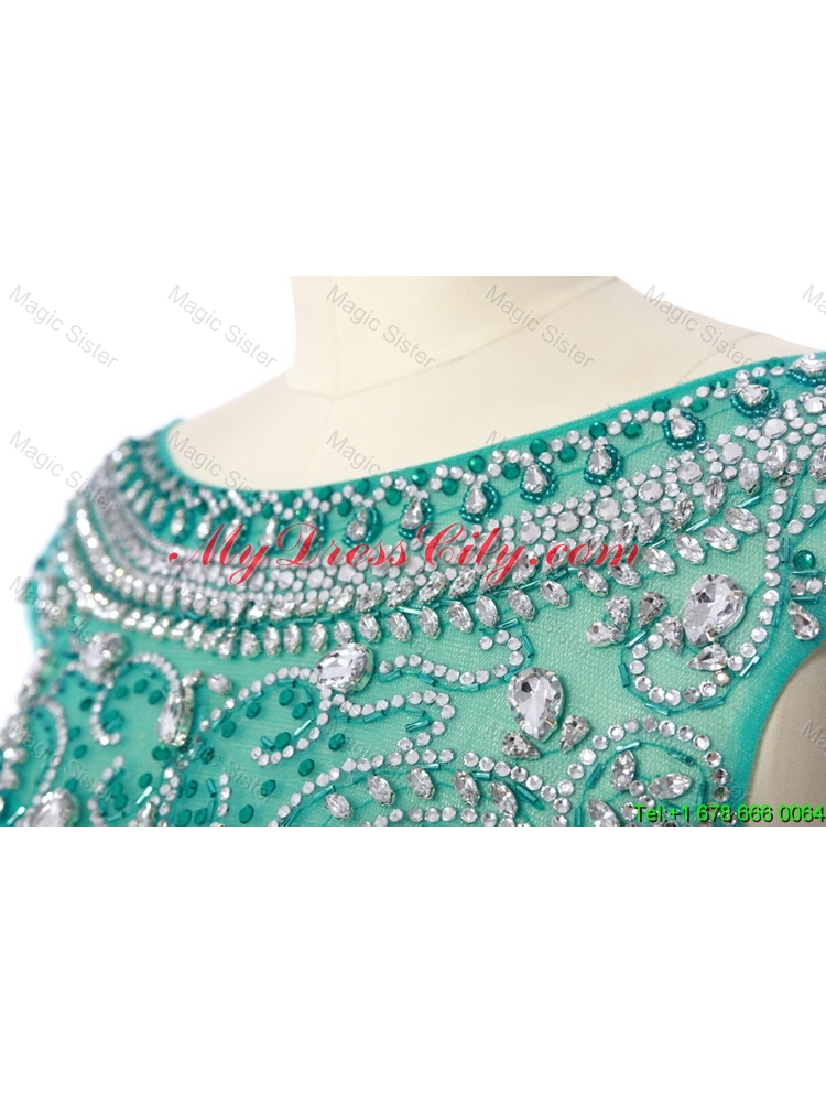 New Style Bateau Beading Brush Train Prom Dress in Turquoise