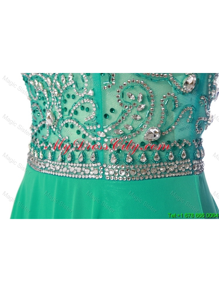 New Style Bateau Beading Brush Train Prom Dress in Turquoise