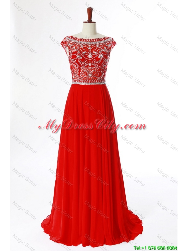 New Style Bateau Beading Brush Train Prom Dress in Turquoise