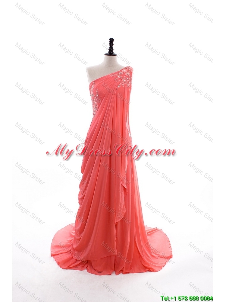 2016 Fall Empire One Shoulder Brush Train Prom Dresses in Watermelon