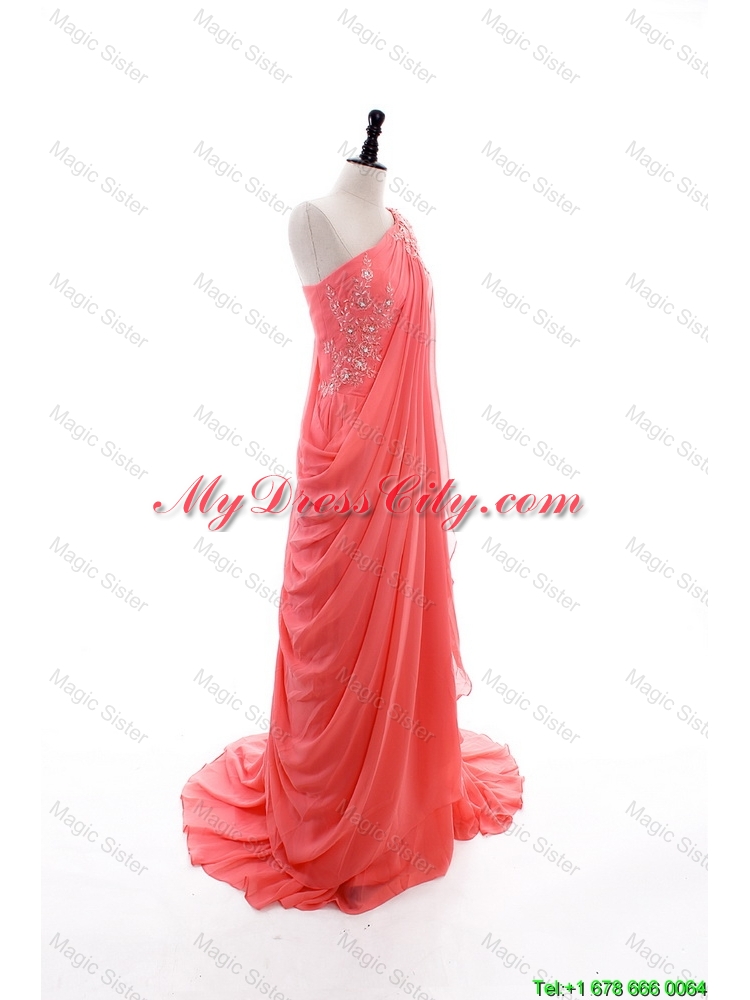 2016 Fall Empire One Shoulder Brush Train Prom Dresses in Watermelon