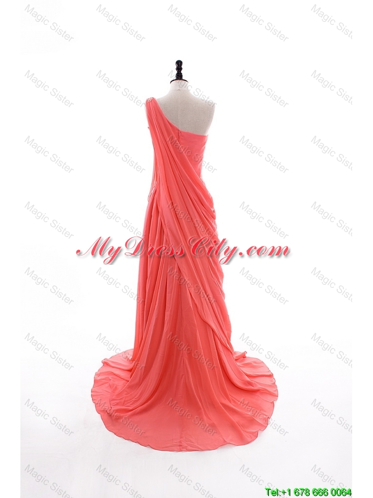 2016 Fall Empire One Shoulder Brush Train Prom Dresses in Watermelon