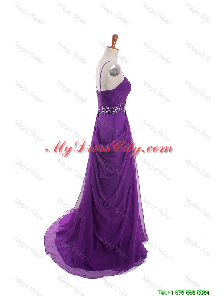 Cheap Appliques and Beading Eggplant Purple Prom Dresses with Sweep Train