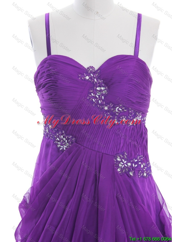 Cheap Appliques and Beading Eggplant Purple Prom Dresses with Sweep Train