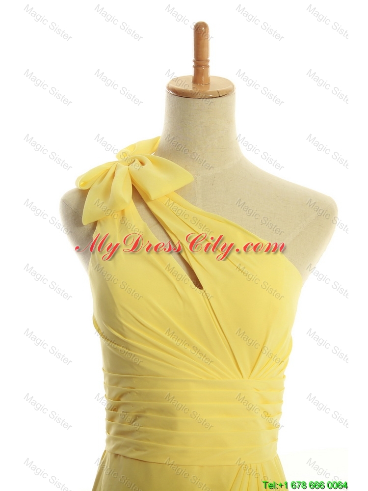 Classical One Shoulder Long Yellow Prom Dresses with Bowknot