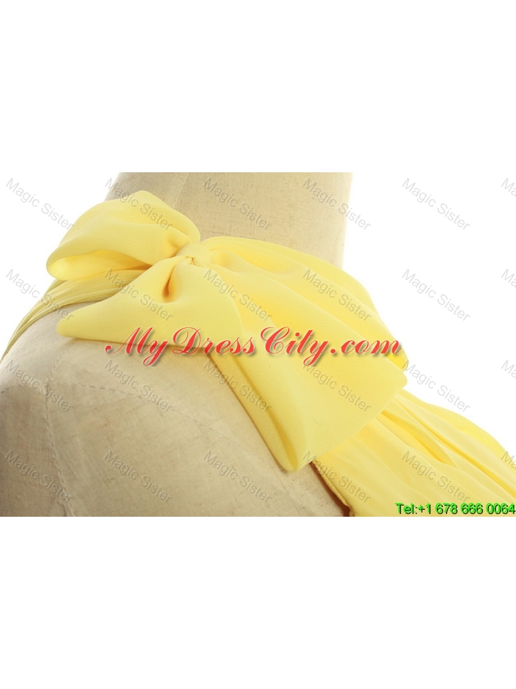 Classical One Shoulder Long Yellow Prom Dresses with Bowknot