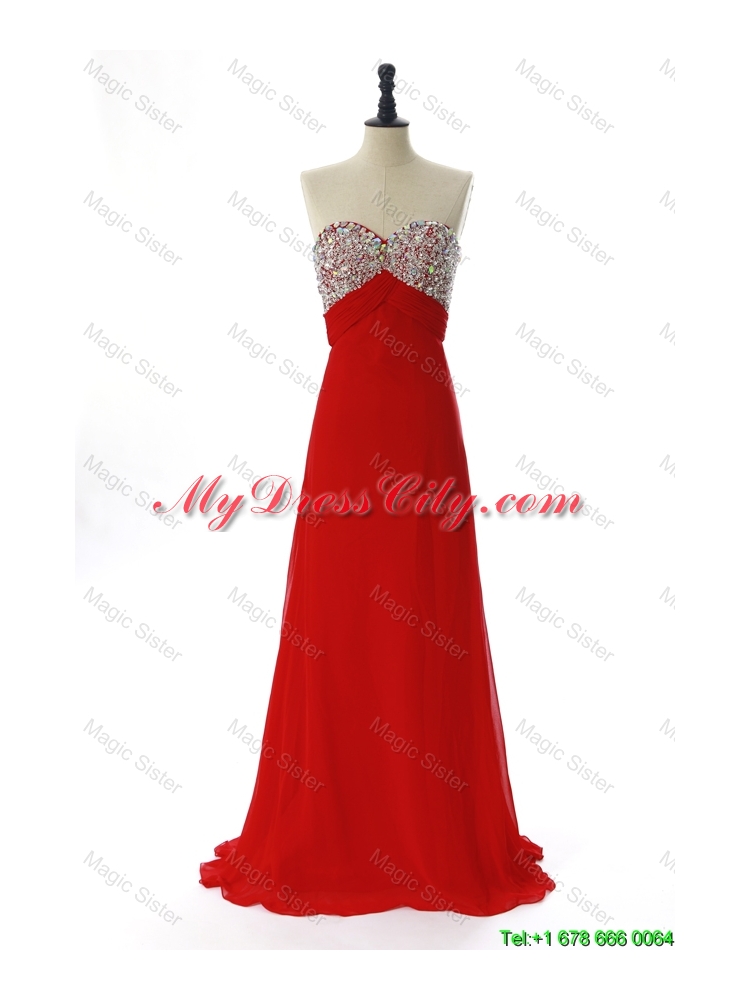 Exquisite 2016 Winter Beading Red Prom Dresses with Sweep Train