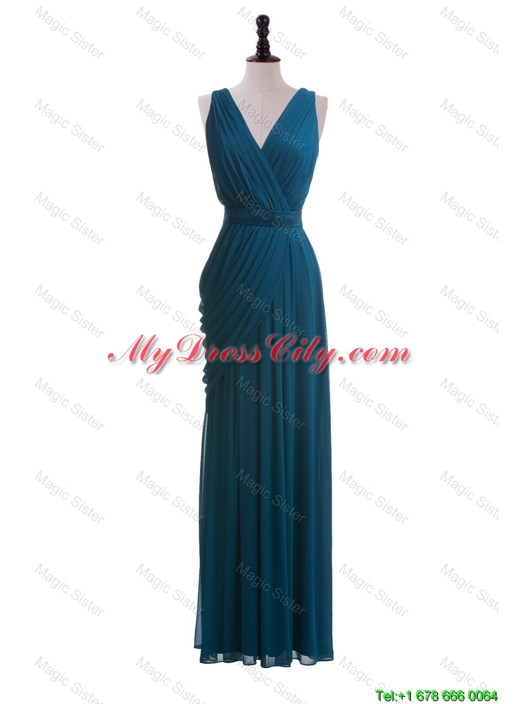 Gorgeous V Neck Belt and Ruching Long Prom Dresses for 2016