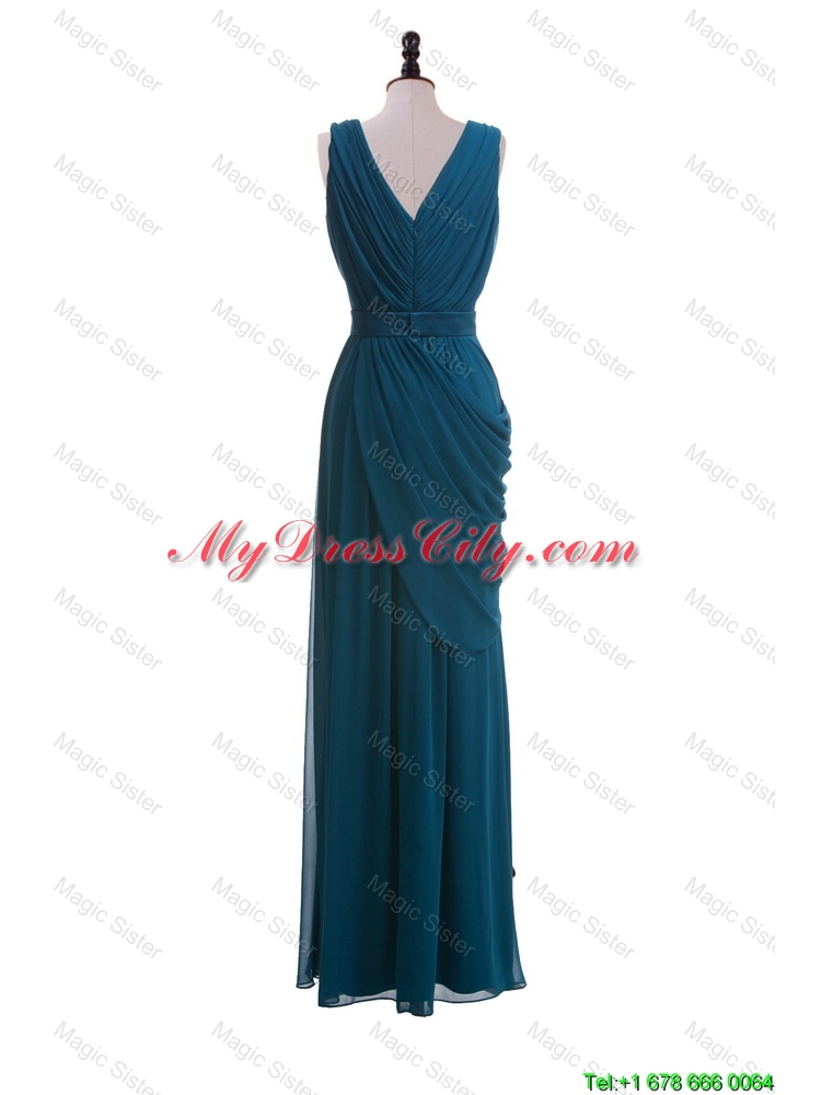 Gorgeous V Neck Belt and Ruching Long Prom Dresses for 2016