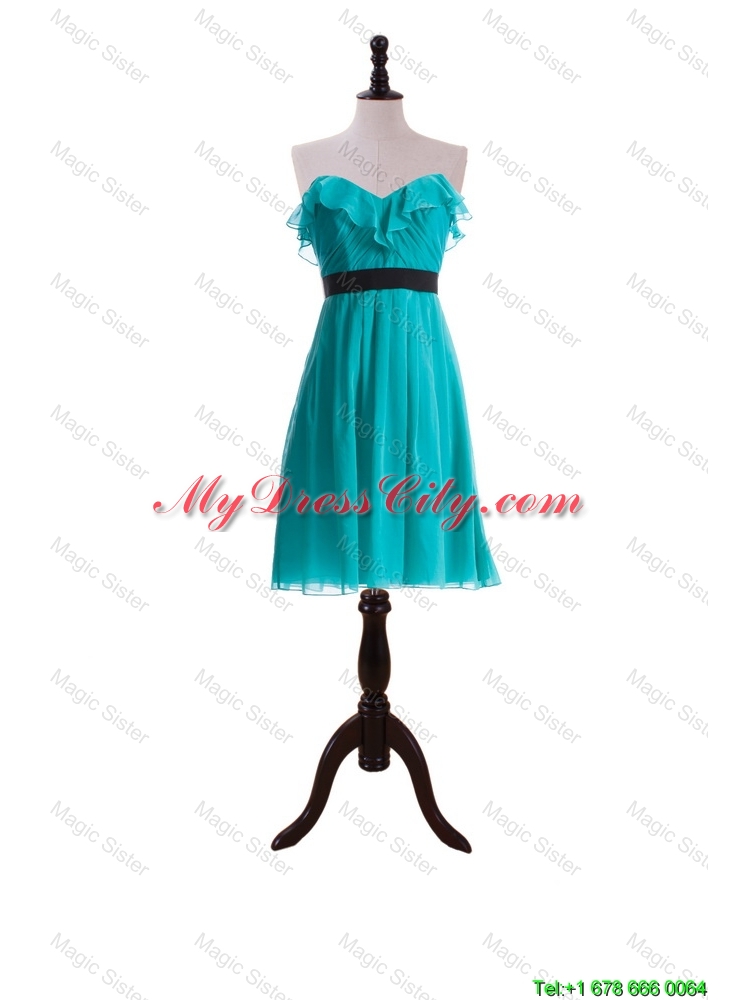 New Style Ruffles and Belt Short Prom Dresses in Turquoise