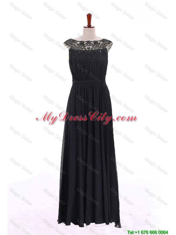 New Style Bateau Lace Long Prom Dresses in Black for 2016