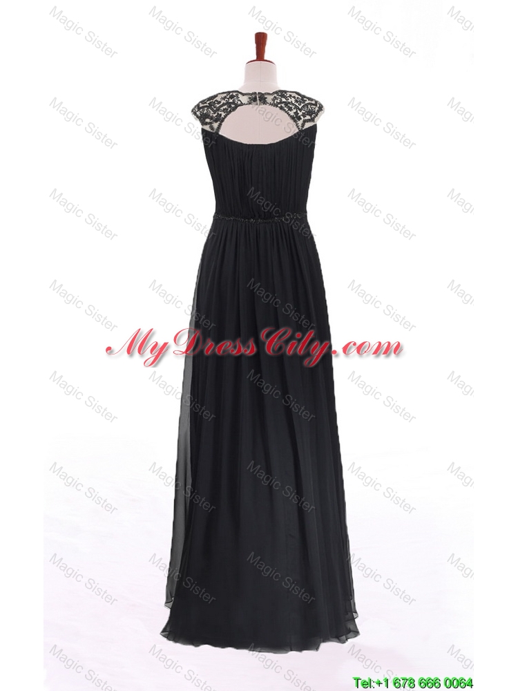 New Style Bateau Lace Long Prom Dresses in Black for 2016