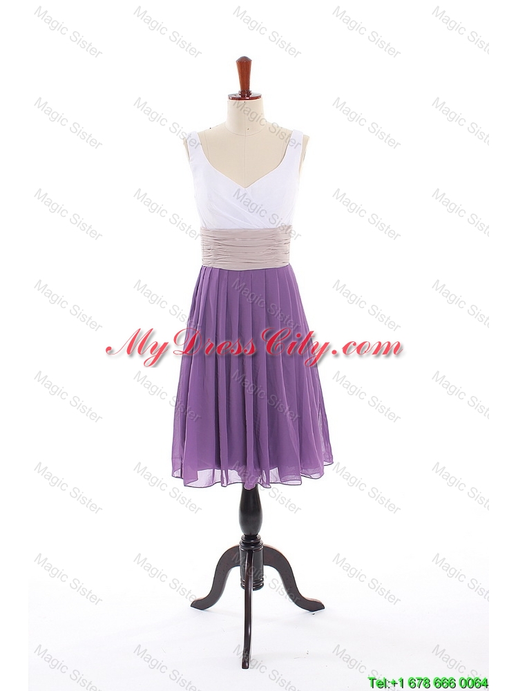 Popular Empire V Neck Prom Dresses with Ruching in Purple