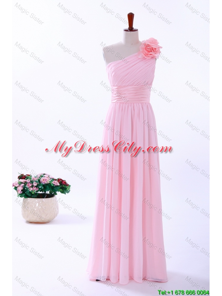 Custom Made Empire One Shoulder Hand Made Flowers Prom Dresses in Baby Pink