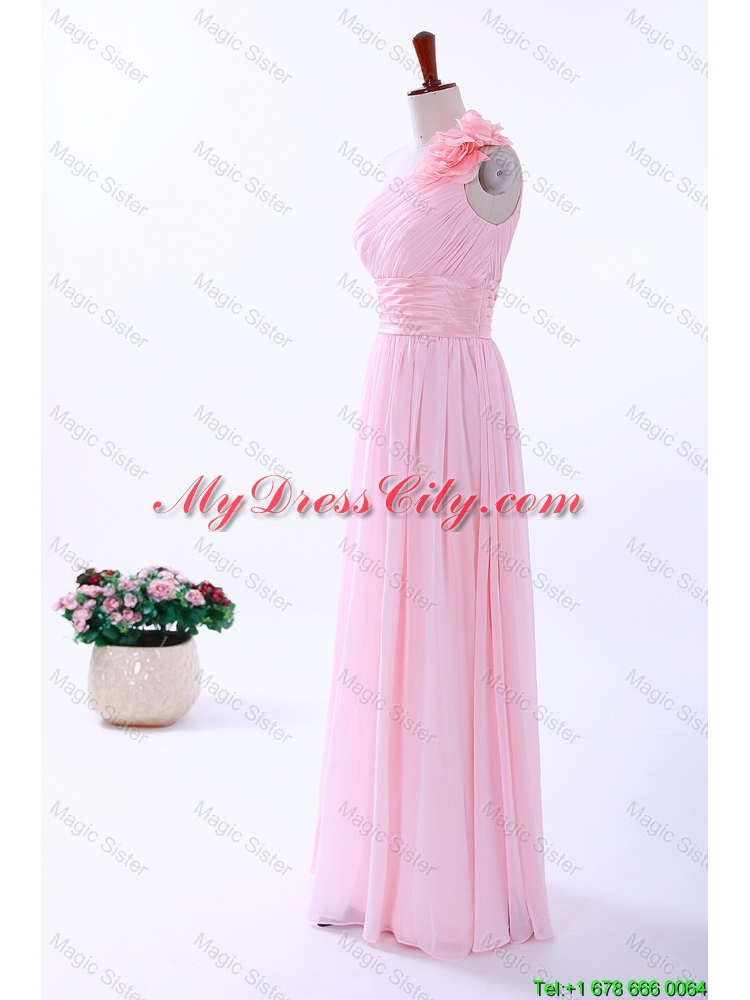 Custom Made Empire One Shoulder Hand Made Flowers Prom Dresses in Baby Pink