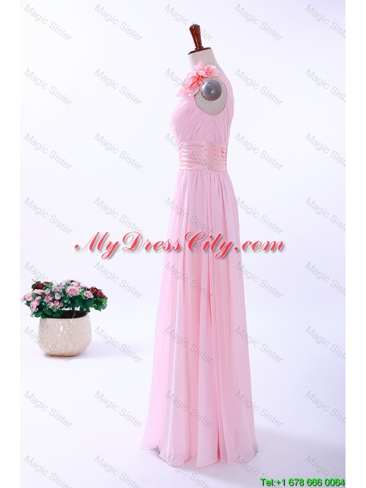 Custom Made Empire One Shoulder Hand Made Flowers Prom Dresses in Baby Pink