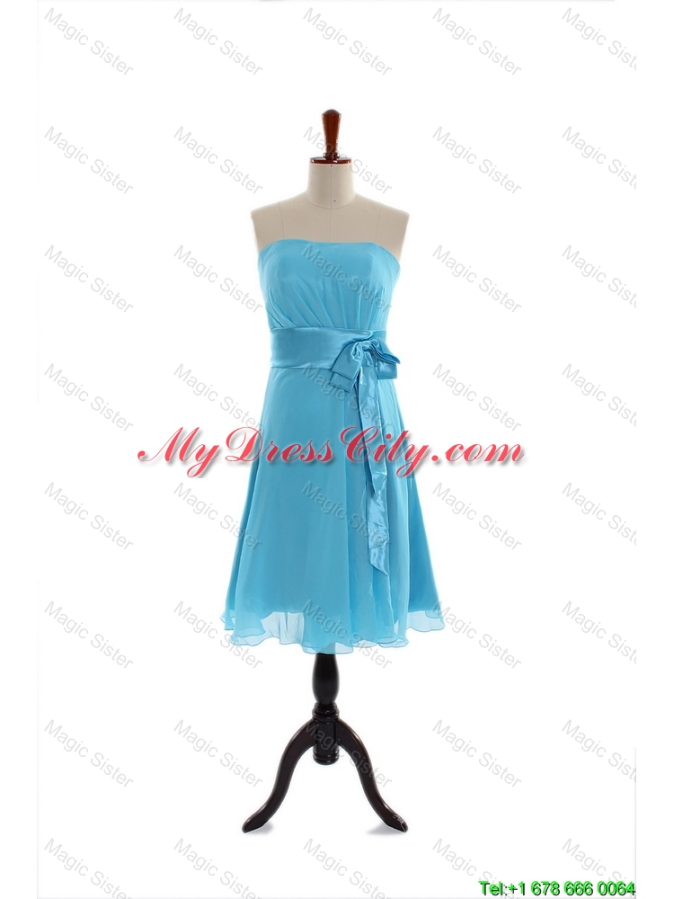 Discount Belt and Bowknot Short Prom Dress in Aqua Blue for 2016