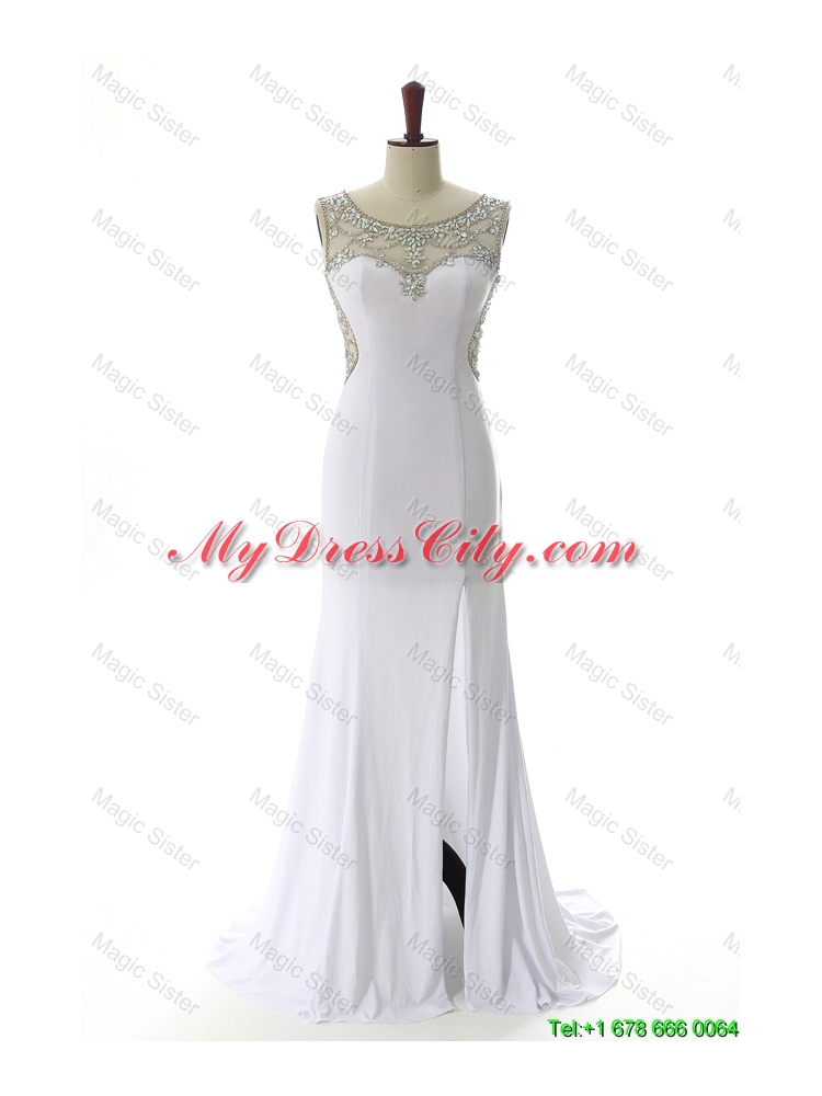 New Style 2016 Empire White Prom Dresses with Beading and High Slit