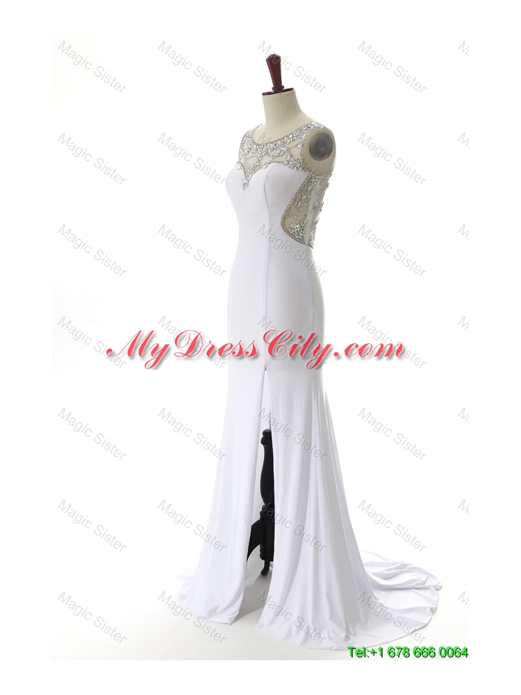 New Style 2016 Empire White Prom Dresses with Beading and High Slit