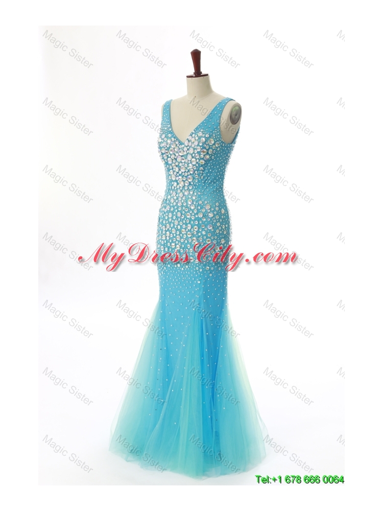 Sexy Mermaid V Neck Backless Beading Long Prom Dresses for 2016